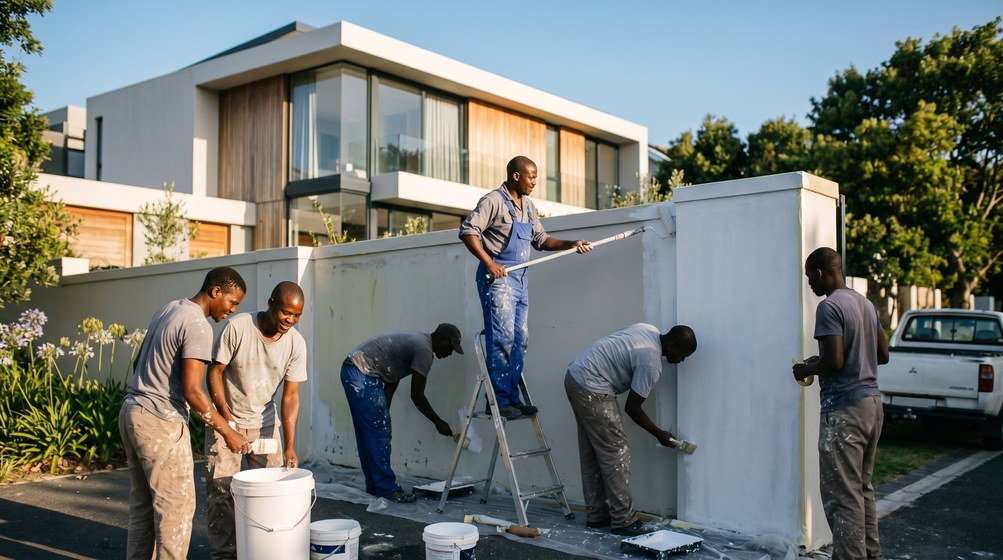 Professional team painting a boundary wall at a modern home in Bantry Bay