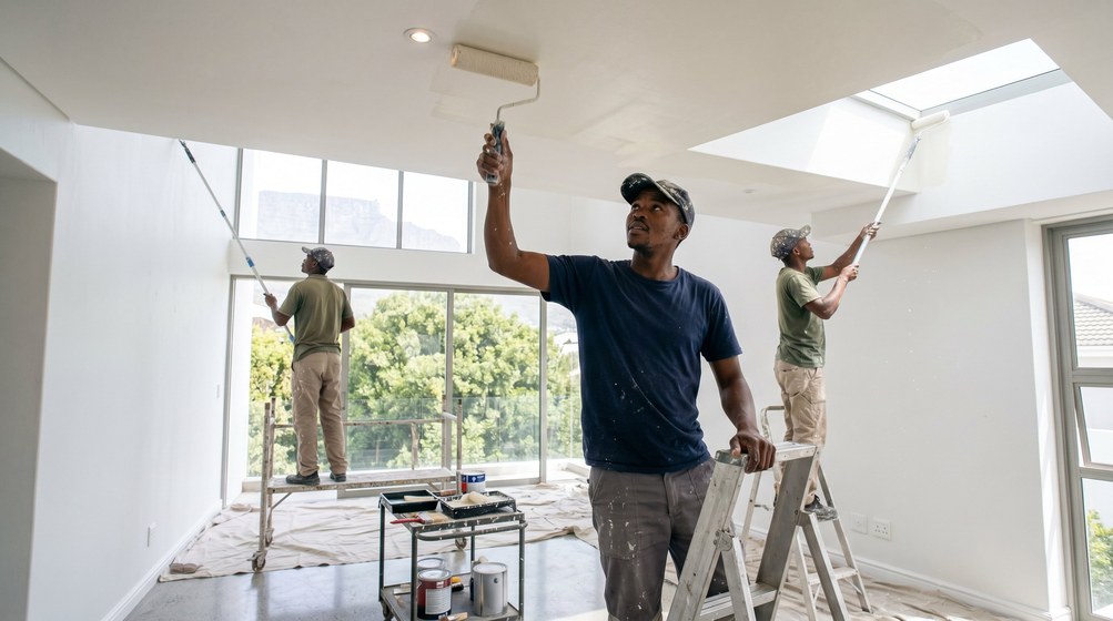 Professional ceiling painters rolling white paint onto a high ceiling in Bantry Bay