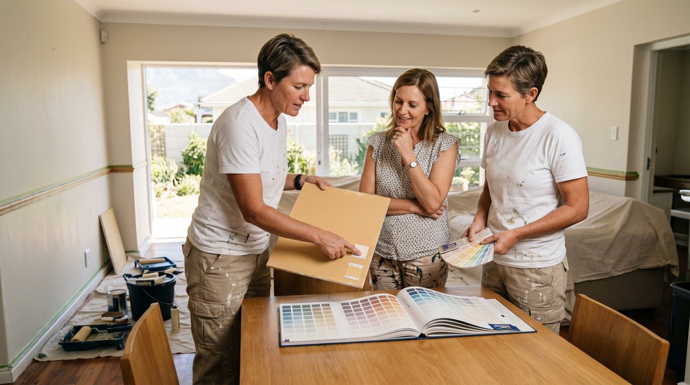 Professional colour consultant showing paint swatches to a homeowner in Bantry Bay
