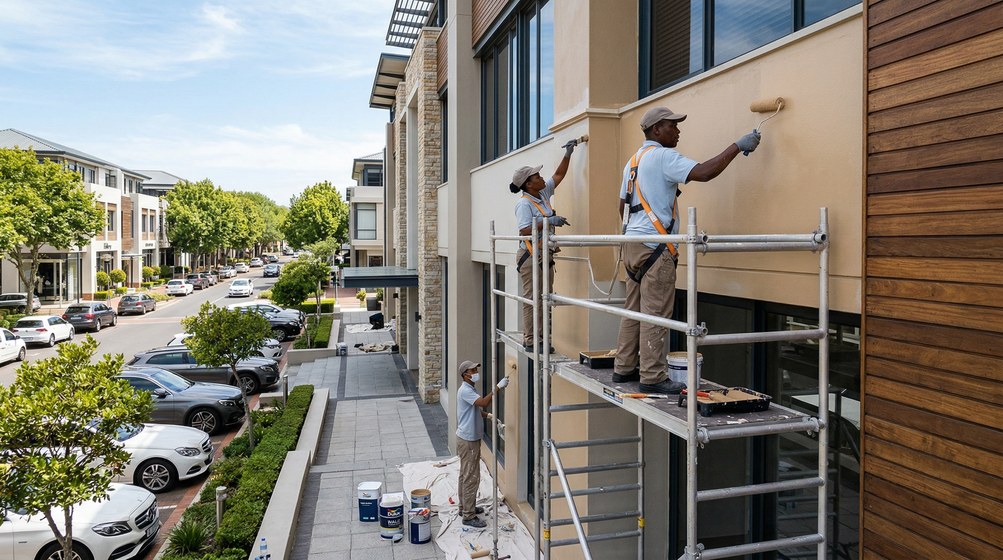 Professional commercial painters on scaffolding painting a building on the Atlantic Seaboard