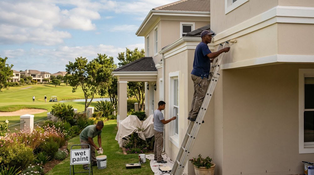 Professional estate painters painting a luxury golf estate home on the Atlantic Seaboard