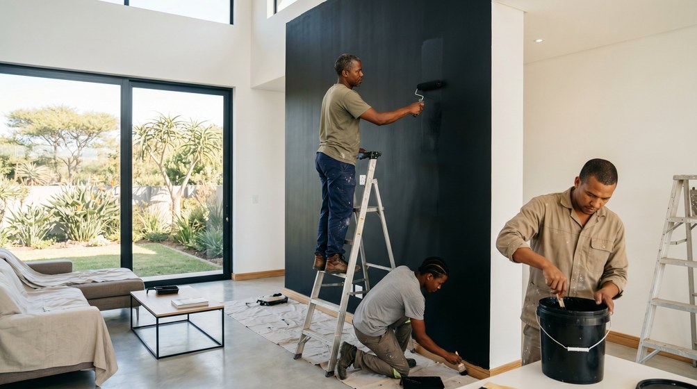 Professional painters creating a bold black feature wall in a modern Bantry Bay home