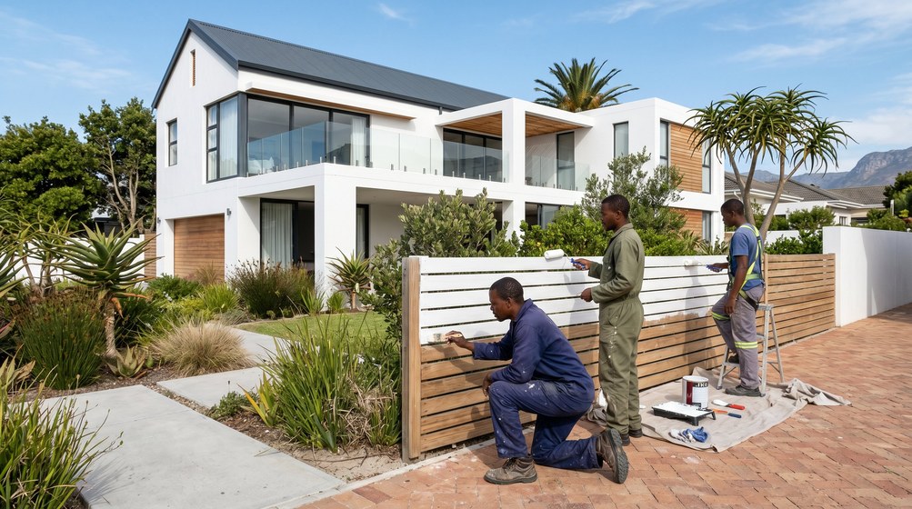 Professional fence painters painting a wooden fence at a coastal home in Bantry Bay