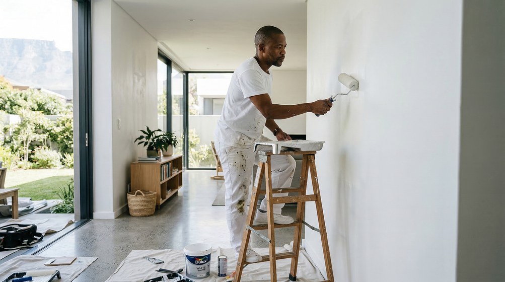 Professional interior painter in Bantry Bay painting walls with a roller