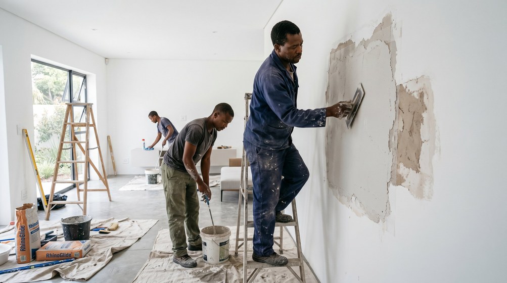 Professional plaster repair team skim coating damaged walls in Bantry Bay