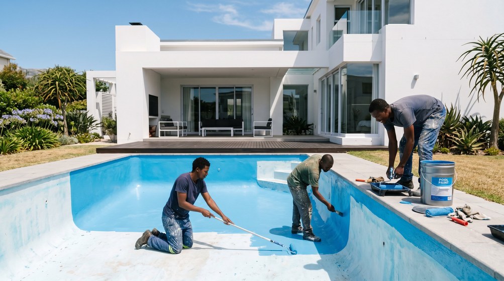 Professional pool painters applying blue pool paint to a swimming pool in Bantry Bay