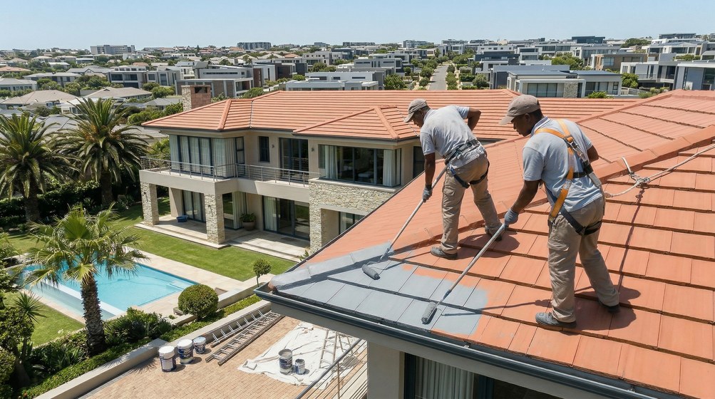 Professional roof painters applying waterproof coating to tiled roof in Bantry Bay
