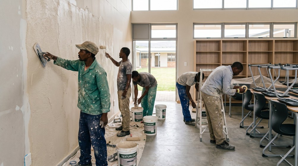 Professional texture coating team applying Texturcoat to interior walls in Bantry Bay