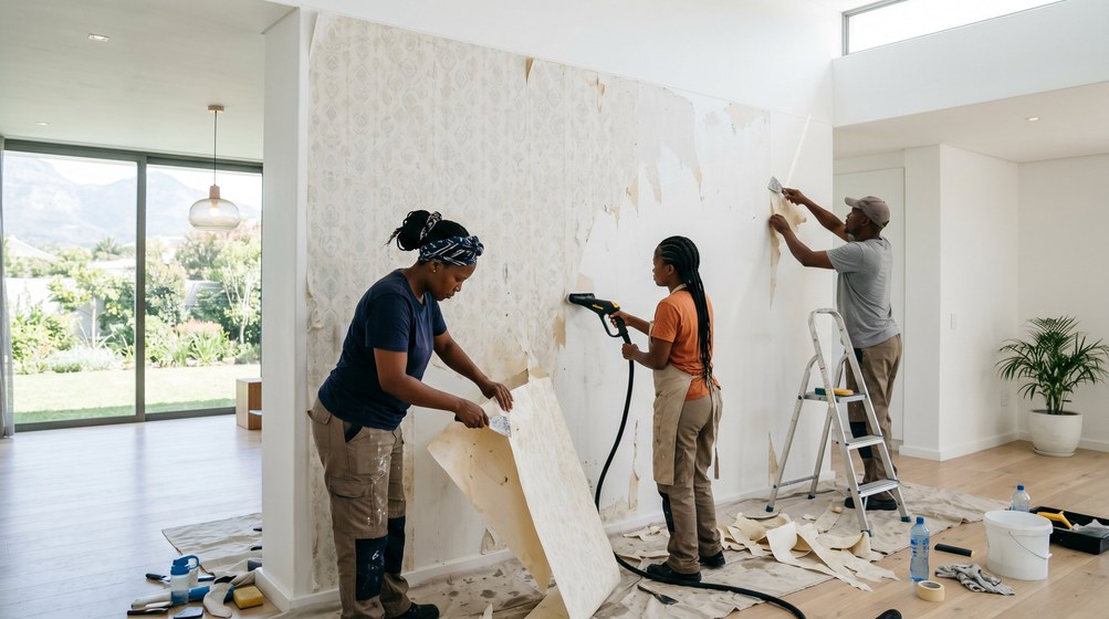 Professional wallpaper removal team stripping old wallpaper in a Bantry Bay home