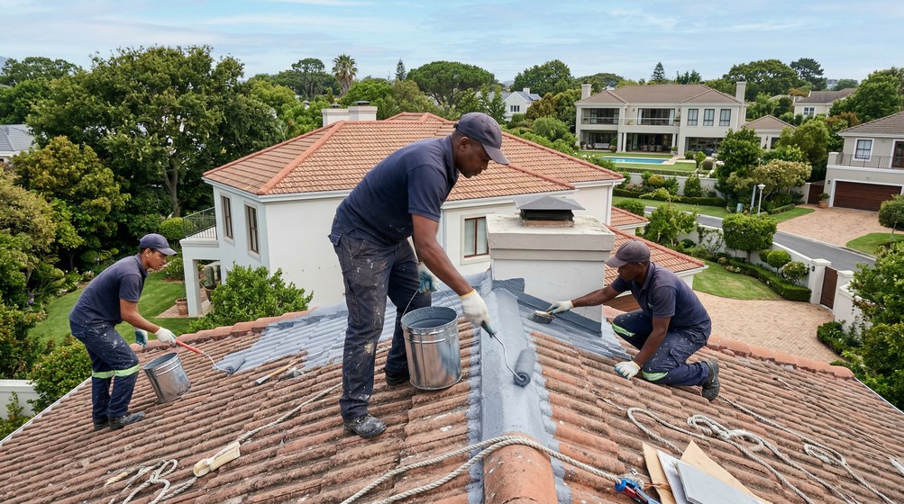 Professional waterproofing team applying membrane to roof in Bantry Bay
