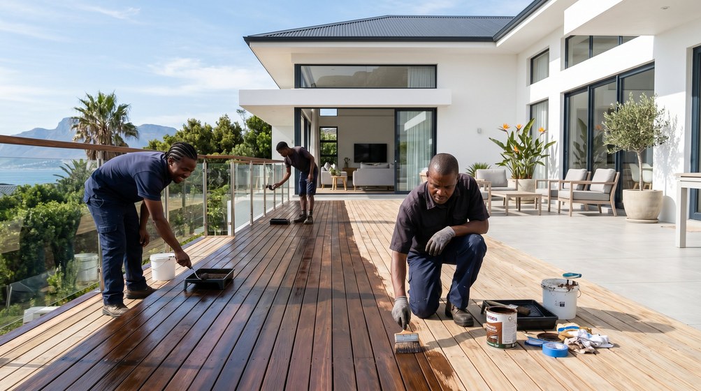 Professional wood staining team applying deck stain overlooking the ocean in Bantry Bay